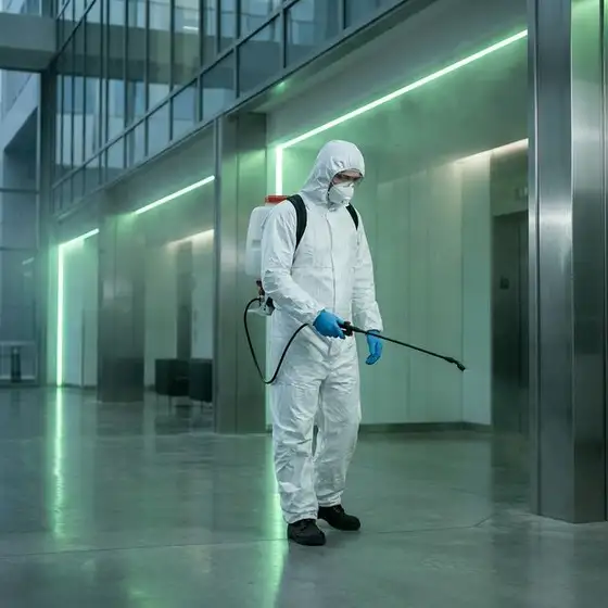 Técnico de salud ambiental realizando desinfección profesional
