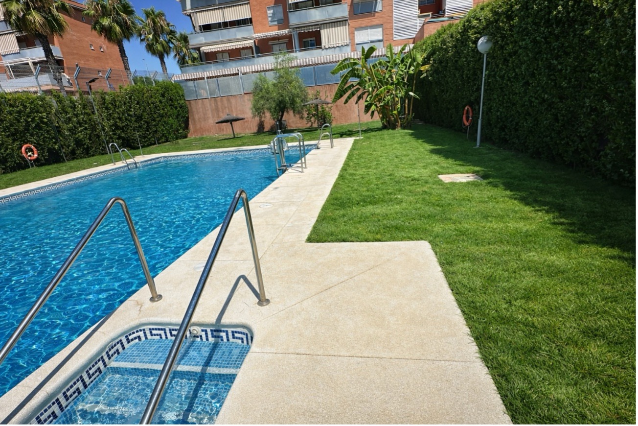 Entorno de piscina con césped y jardinería en estado óptimo