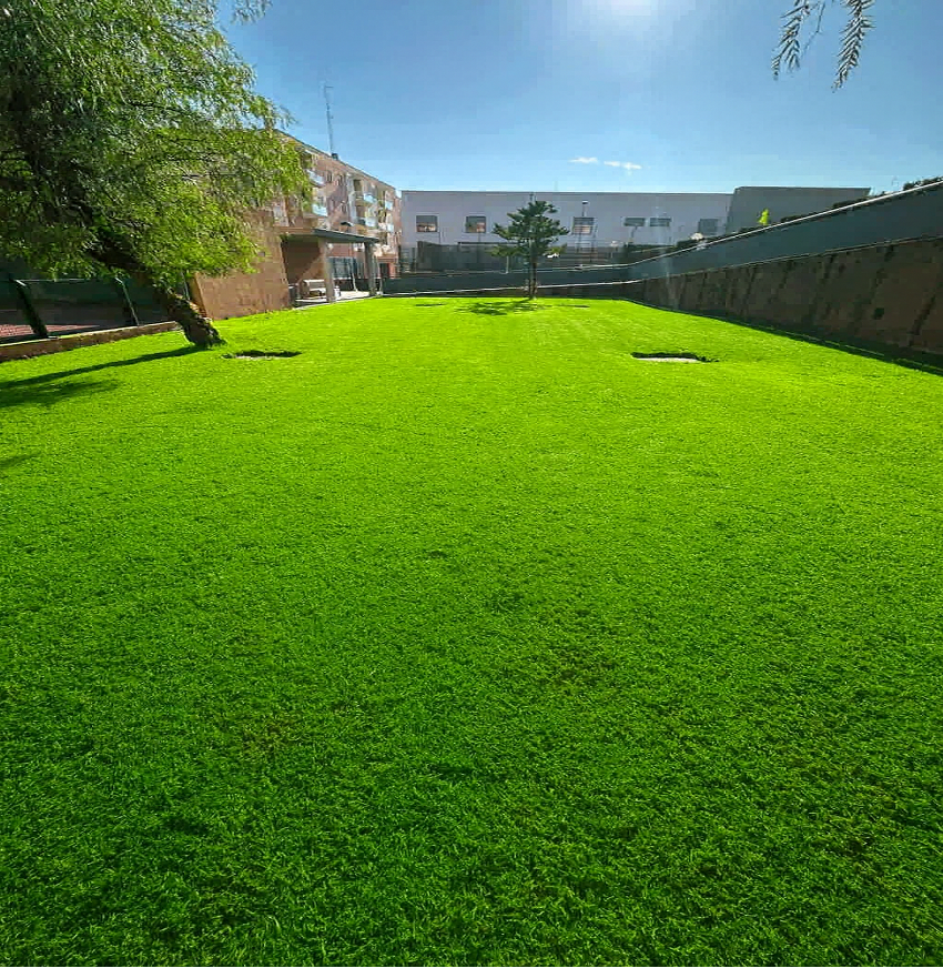 Zona verde comunitaria con césped uniforme y corte técnico